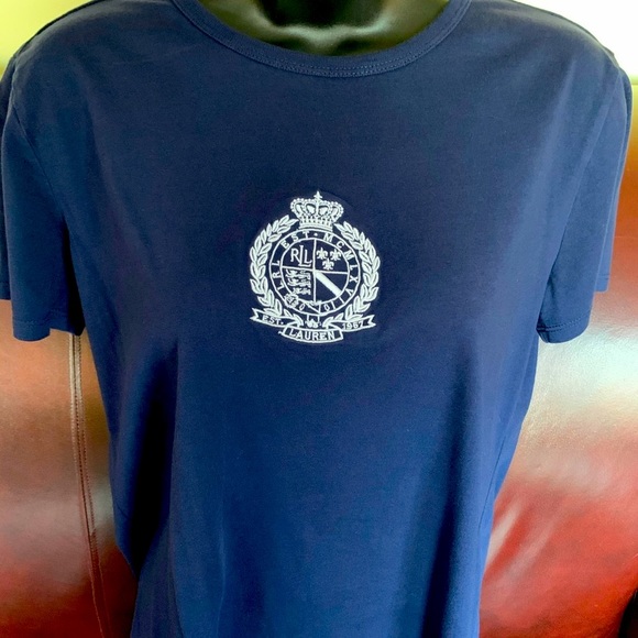 Ralph Lauren woman top navy blue cotton Crew neck white logo crest half sleeve L - Picture 11 of 11